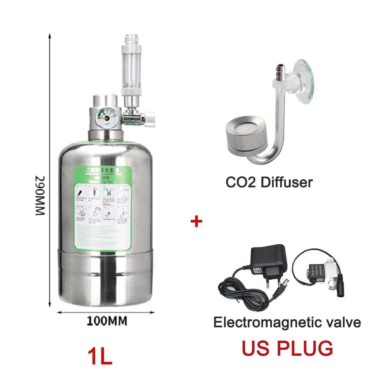 Edelstahl 1L CO2-Diffusor-Generator mit elektromagnetischem Ventil und US-Stecker
