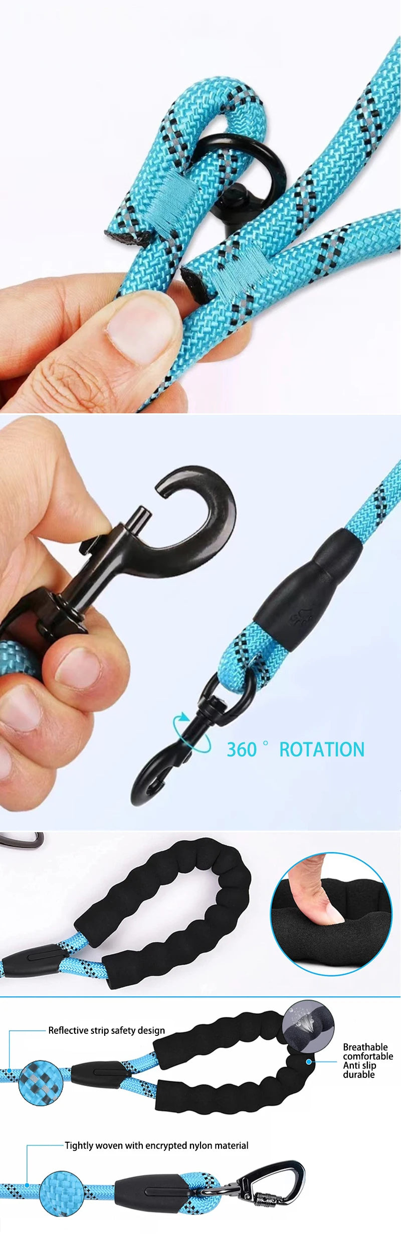 A close-up of a blue reflective dog leash with a padded handle, showing its construction and 360 degree rotation.