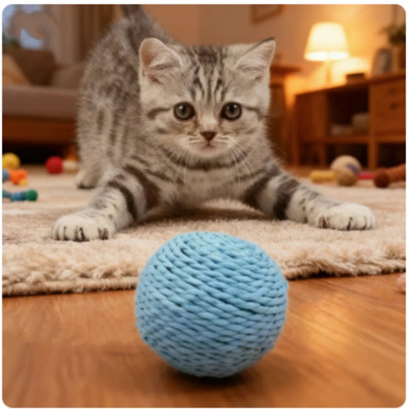 Ein flauschiges graues Kätzchen schaut in die Kamera, liegt auf einem Teppich vor einer hellblauen Sisal-Kratzball.