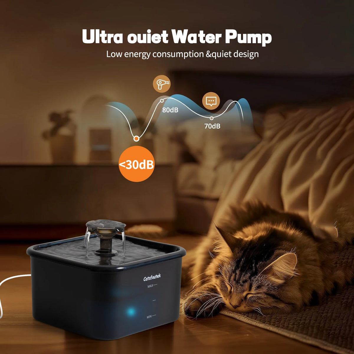 A black cat water fountain is shown on a wooden surface next to a sleeping tabby cat.
