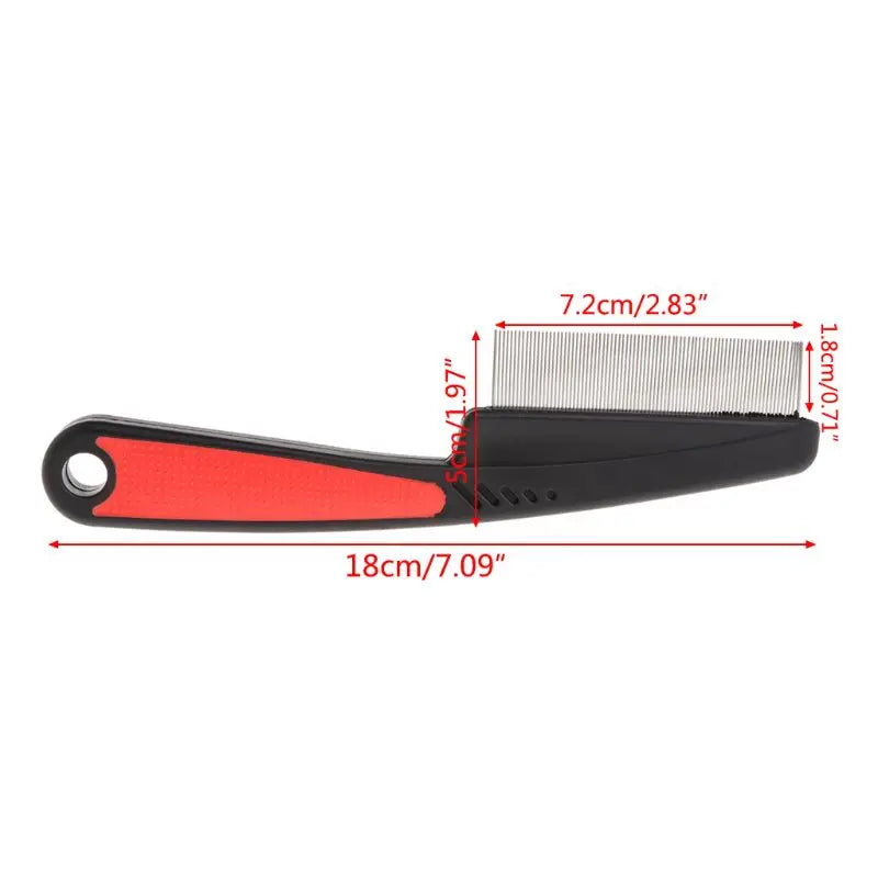 A black pet grooming comb with a red handle and stainless steel teeth, shown with dimensions.