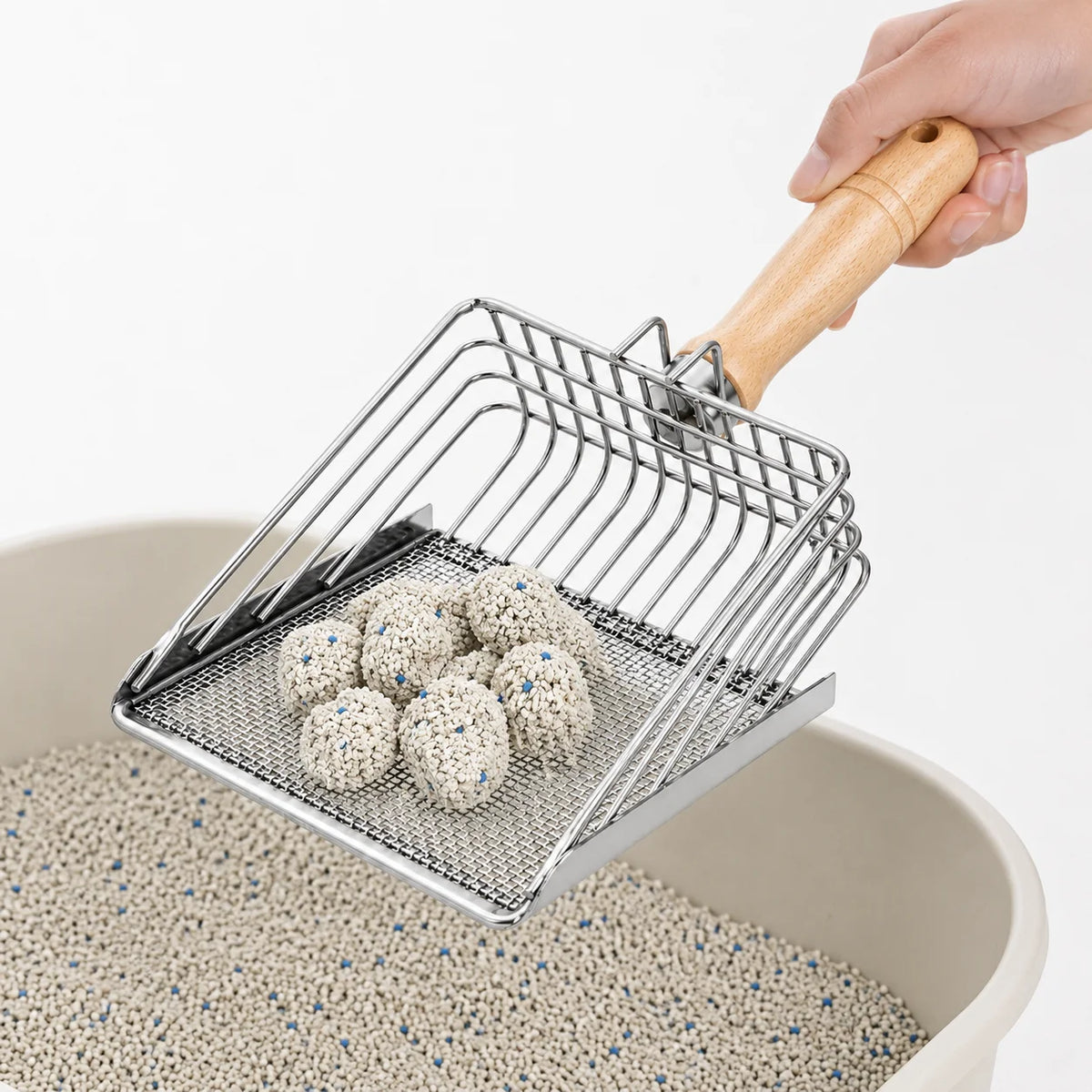 Stainless Steel Cat Litter Scoop with Wooden Handle and Fine Mesh Sifter