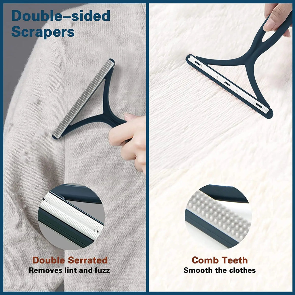 A double-sided scraper tool used to remove lint and fuzz from clothing.