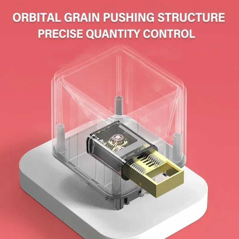 A clear acrylic orbital grain pushing structure for precise quantity control, shown on a white base.
