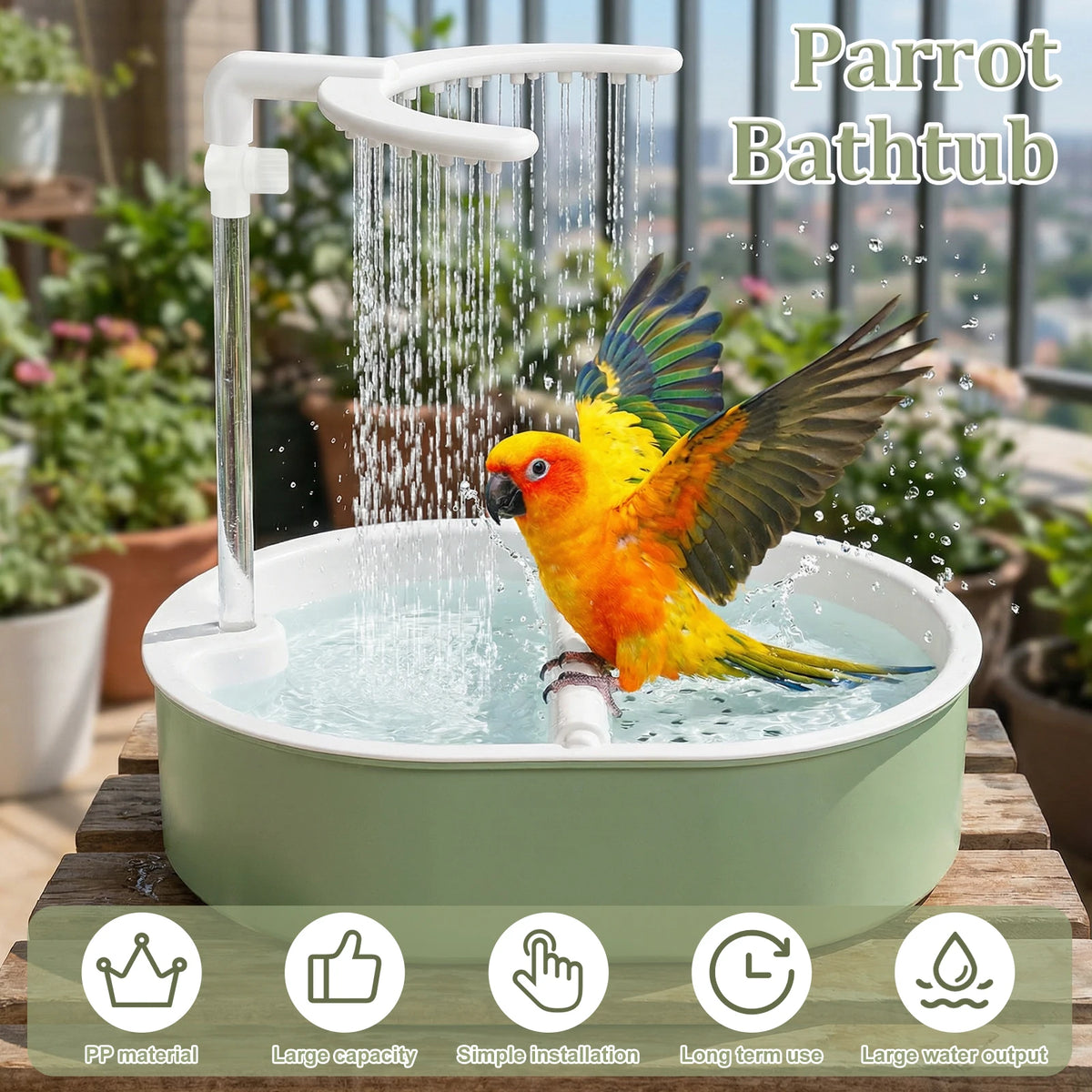 A parrot is bathing in a white plastic tub with a water faucet, demonstrating the bird bath product.