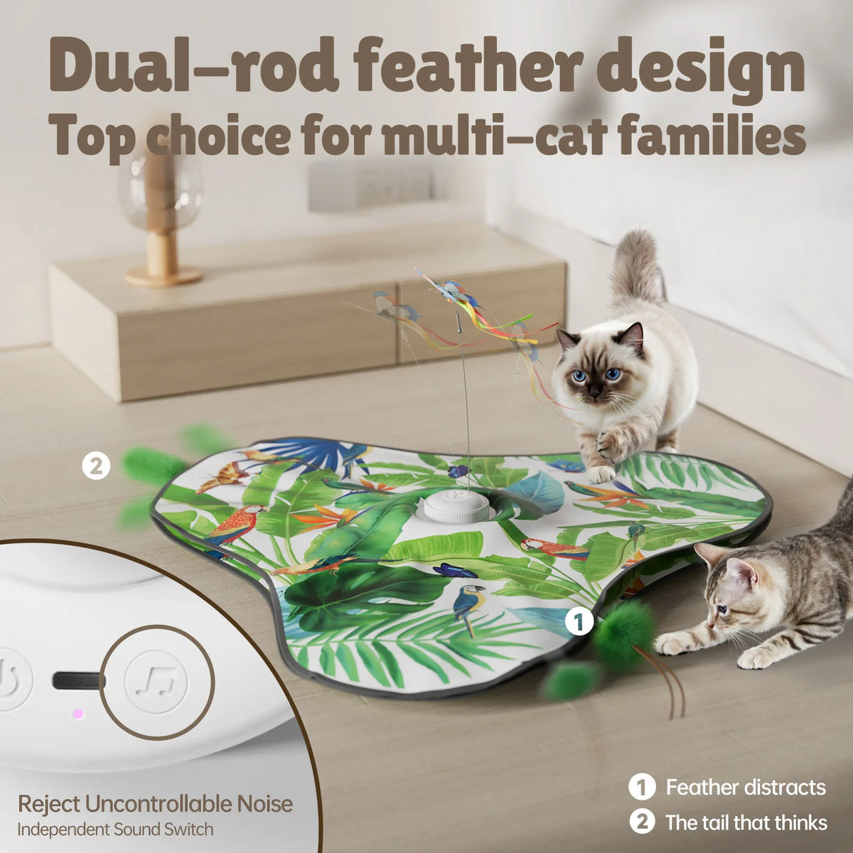 Dual-rod feather design cat toy with a green and yellow pattern placed on a wooden surface.