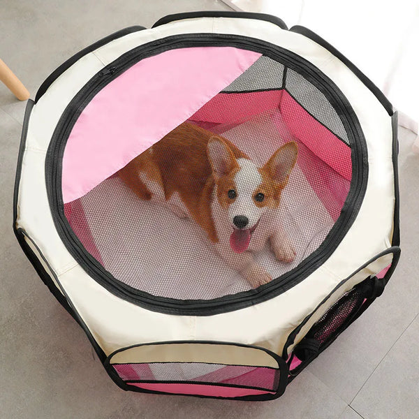 A dog is relaxing inside a pink and white foldable pet nest bed for dogs and cats.