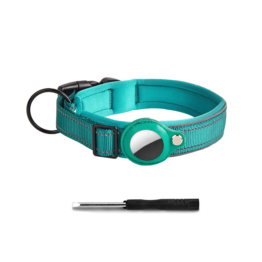 A teal reflective dog collar with a built-in holder for an AirTag and a small metal tool.