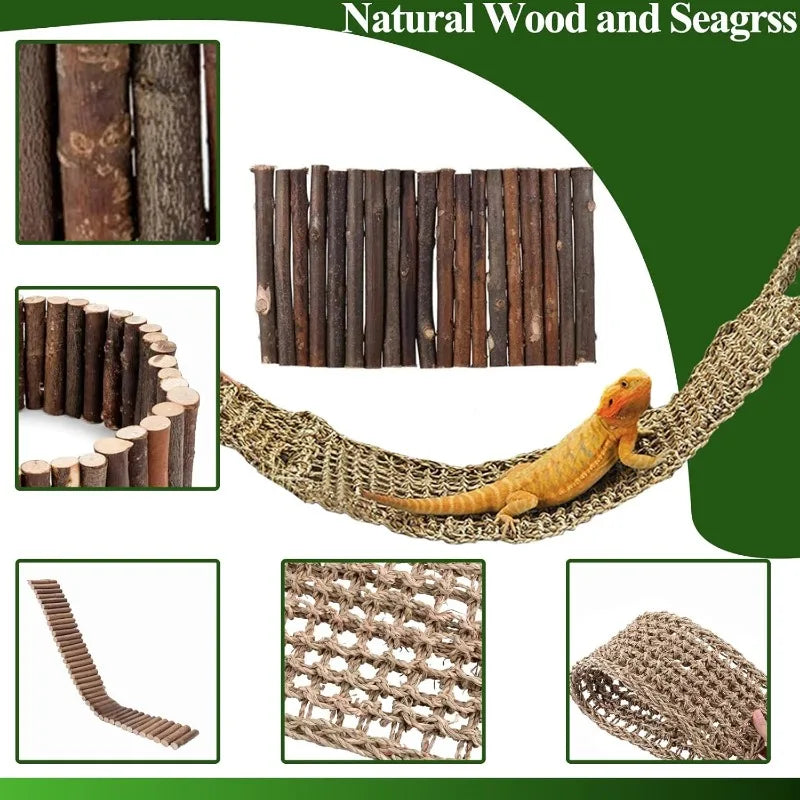 Natural wood and seagrass reptile hammock and climbing bridge set with suction cups