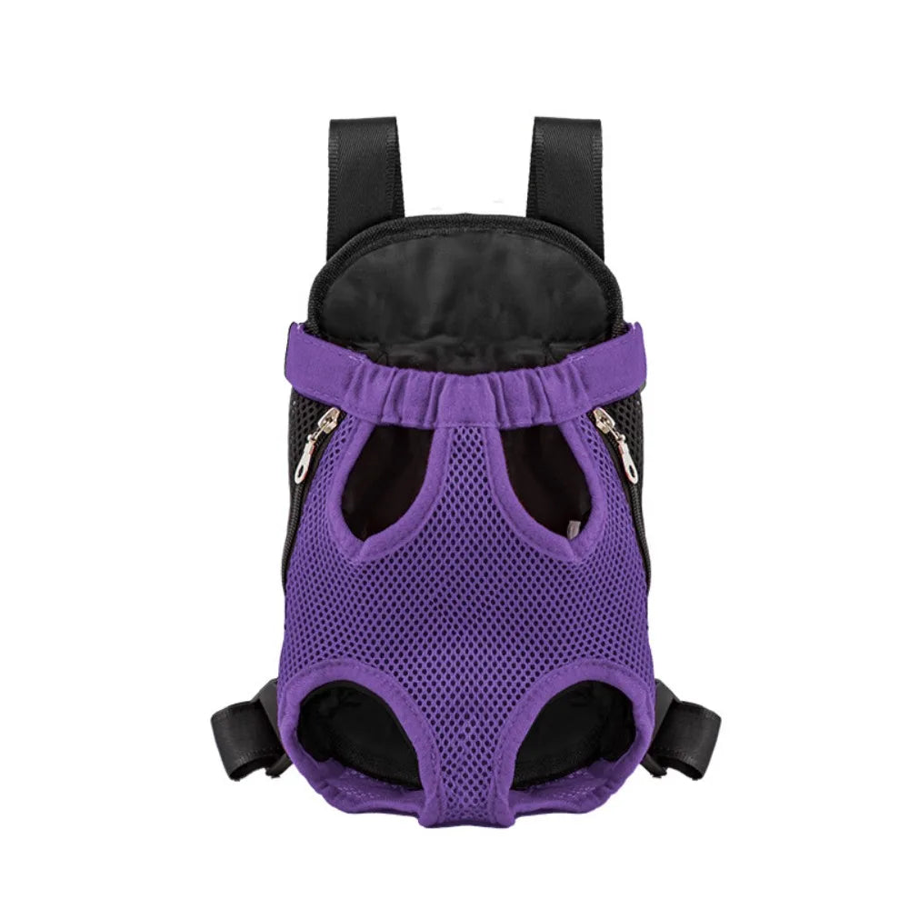 Purple breathable pet carrier backpack with black straps and mesh panel