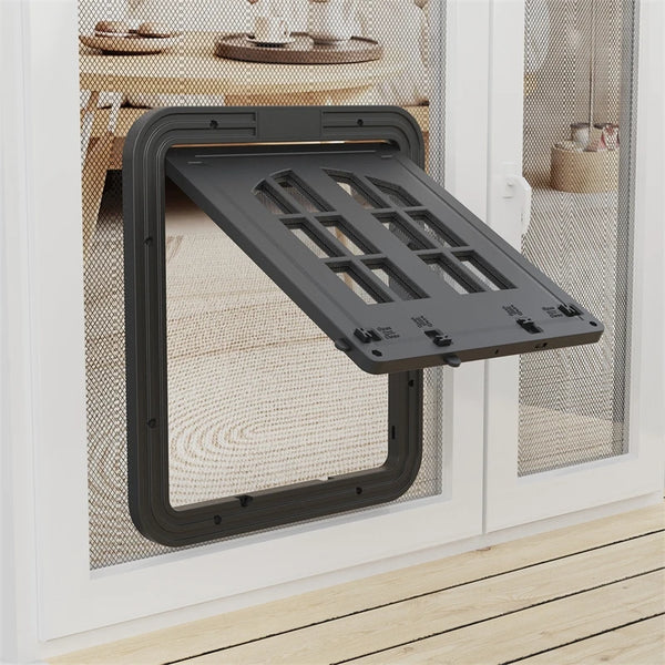 A dark gray magnetic mesh screen door with a self-closing pet flap is shown mounted in a white frame.