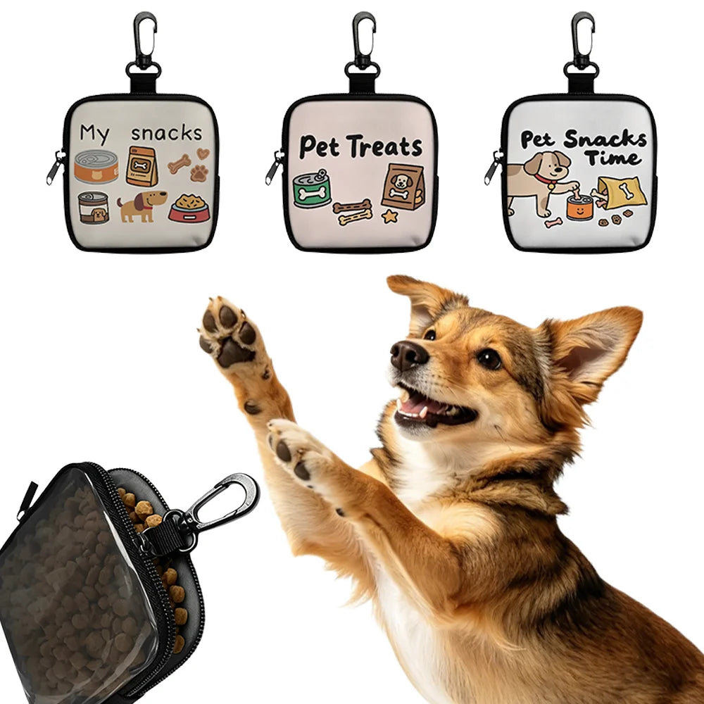 Drei schwarze Hundekleingutbeutel mit Aufhängungen und Reißverschlüssen mit Hundenthemen-Designs.