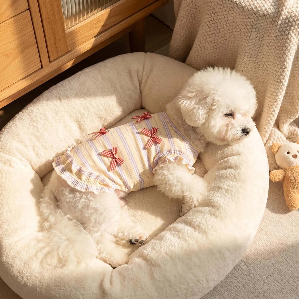 Striped Mesh Dog Outfit with Bow and Ruffles for Small to Medium Breeds