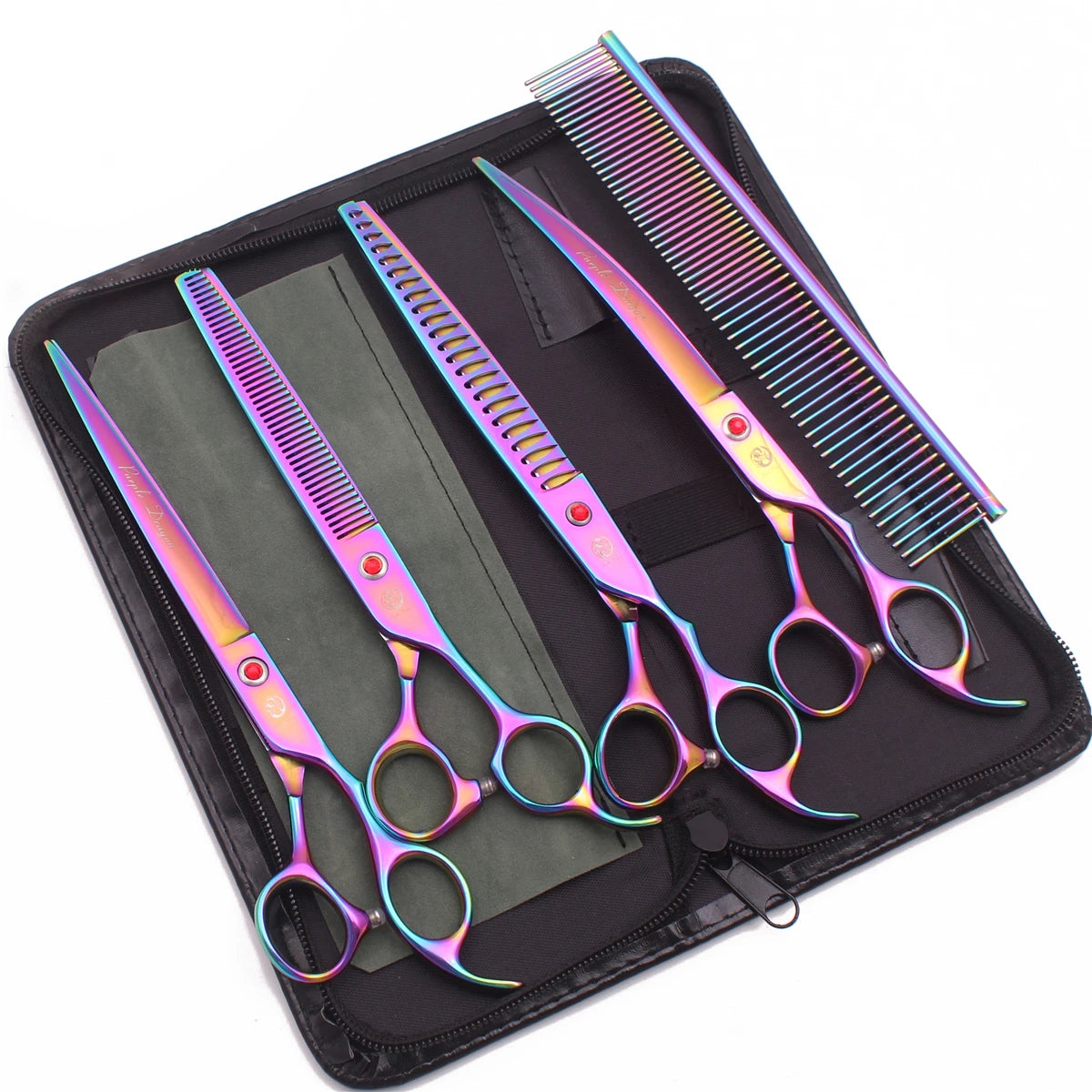 A black case holding a set of professional stainless steel pet grooming scissors with iridescent blades.