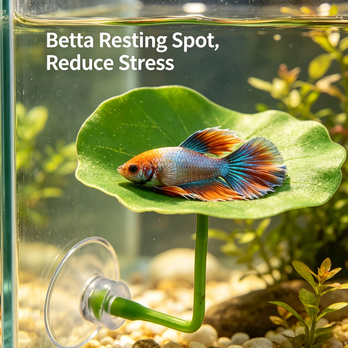 A Betta fish rests on a green artificial lotus leaf in an aquarium setting.