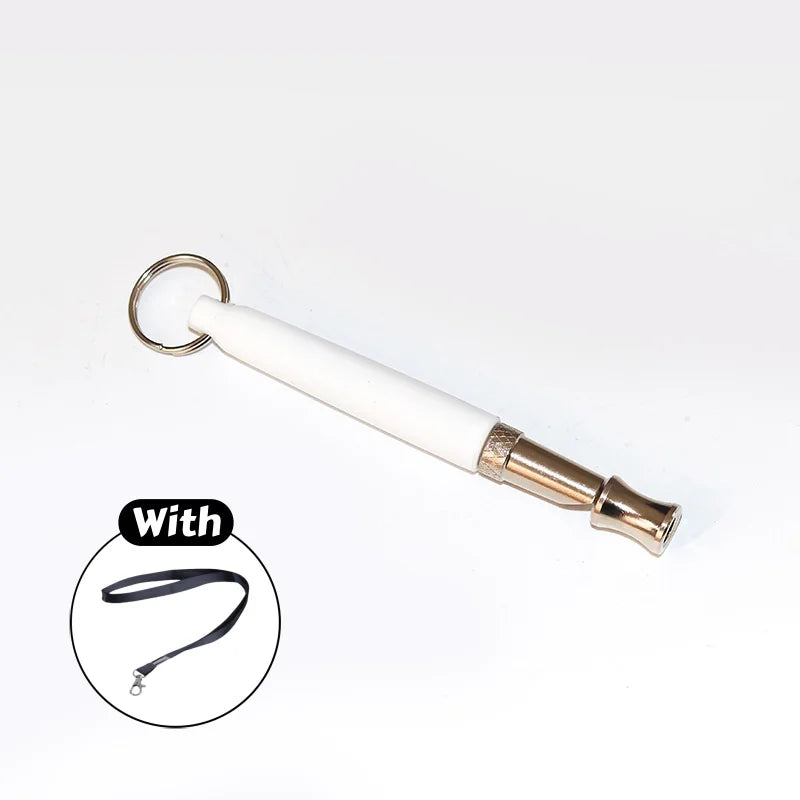 A white and gold adjustable ultrasonic dog training whistle with a loop and a flexible black cord.