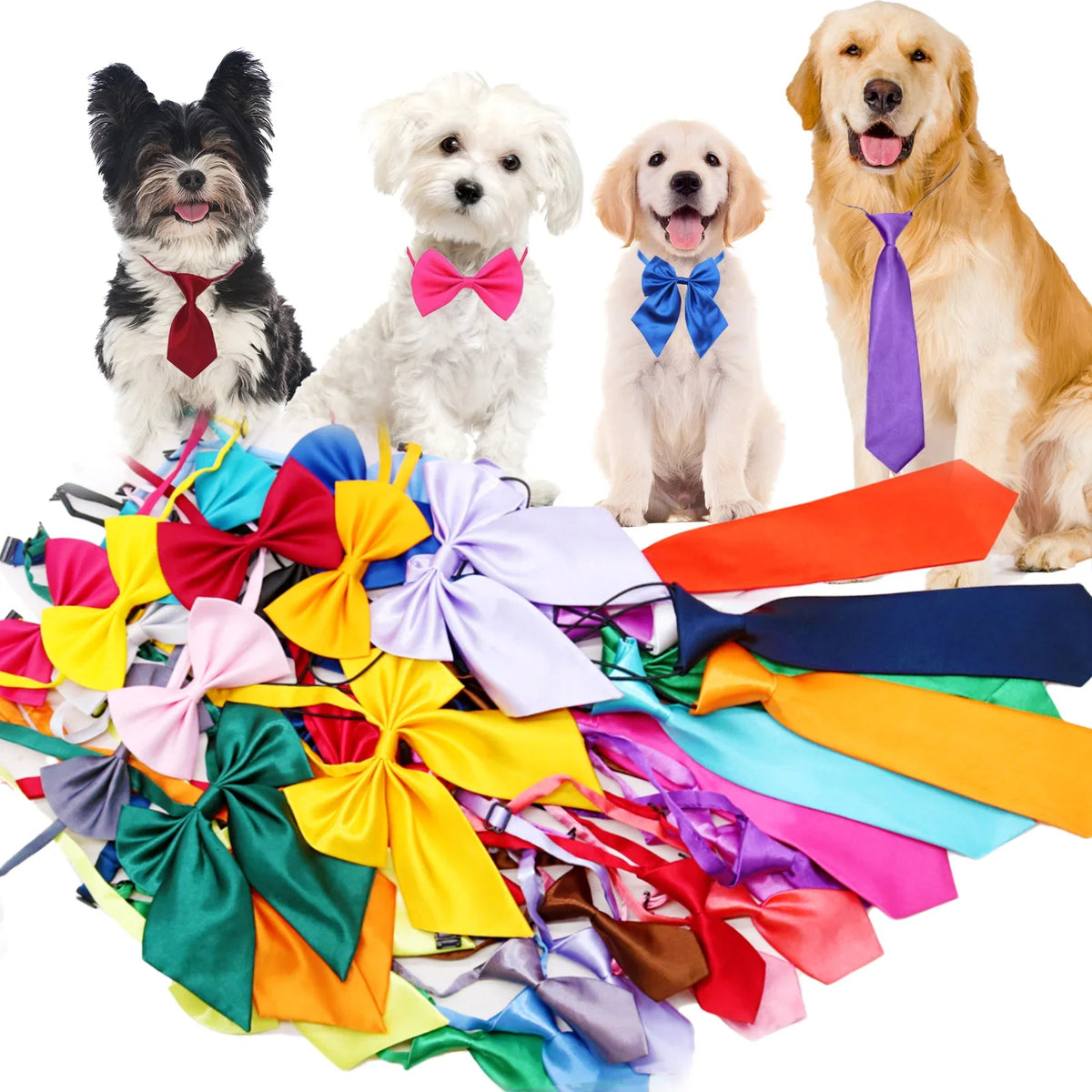 Colección de lazos ajustables de mascotas coloridos para perros y gatos, en rojo, rosa, amarillo, azul, morado y naranja.