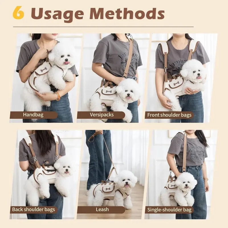 Six usage methods demonstrating the adjustable multi-way dog carrier bag with breathable padding being carried by a person.