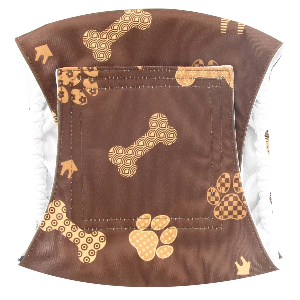 Brown reusable adjustable belly band for a male dog with a repeating paw print pattern.