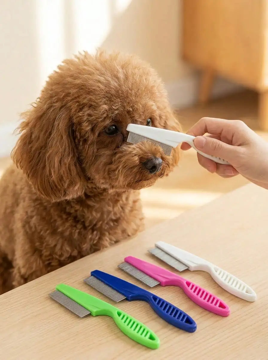 A hand is using a white fine-toothed pet grooming comb on a fluffy brown dog.
