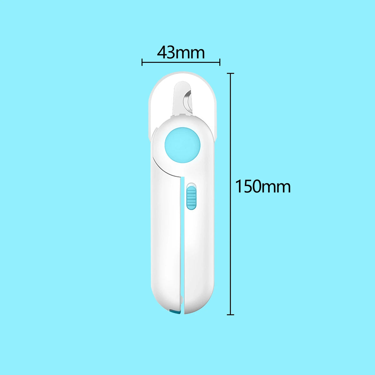 A white LED pet nail clipper for cats and dogs shown in a vertical view with dimensions labeled.