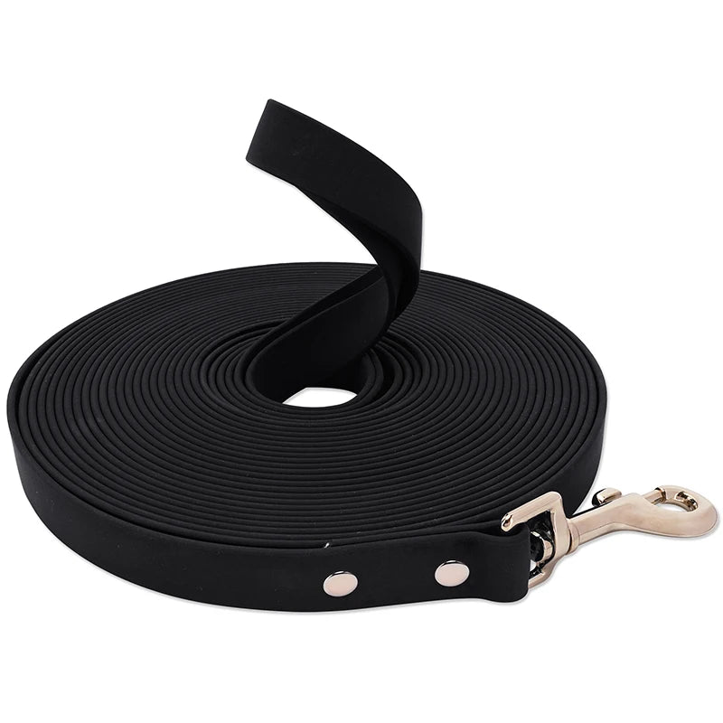 Black heavy-duty waterproof dog leash with a coiled strap and metal clip.
