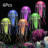 Six pieces of fluorescent jellyfish aquarium ornaments in various colors like blue, purple, green, and orange