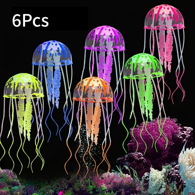 Six pieces of fluorescent jellyfish aquarium ornaments in various colors like blue, purple, green, and orange
