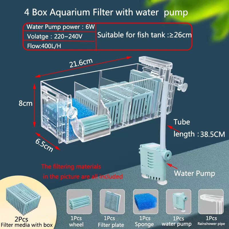 A box aquarium filter system showing the water pump, filter media, and components for fish tanks.