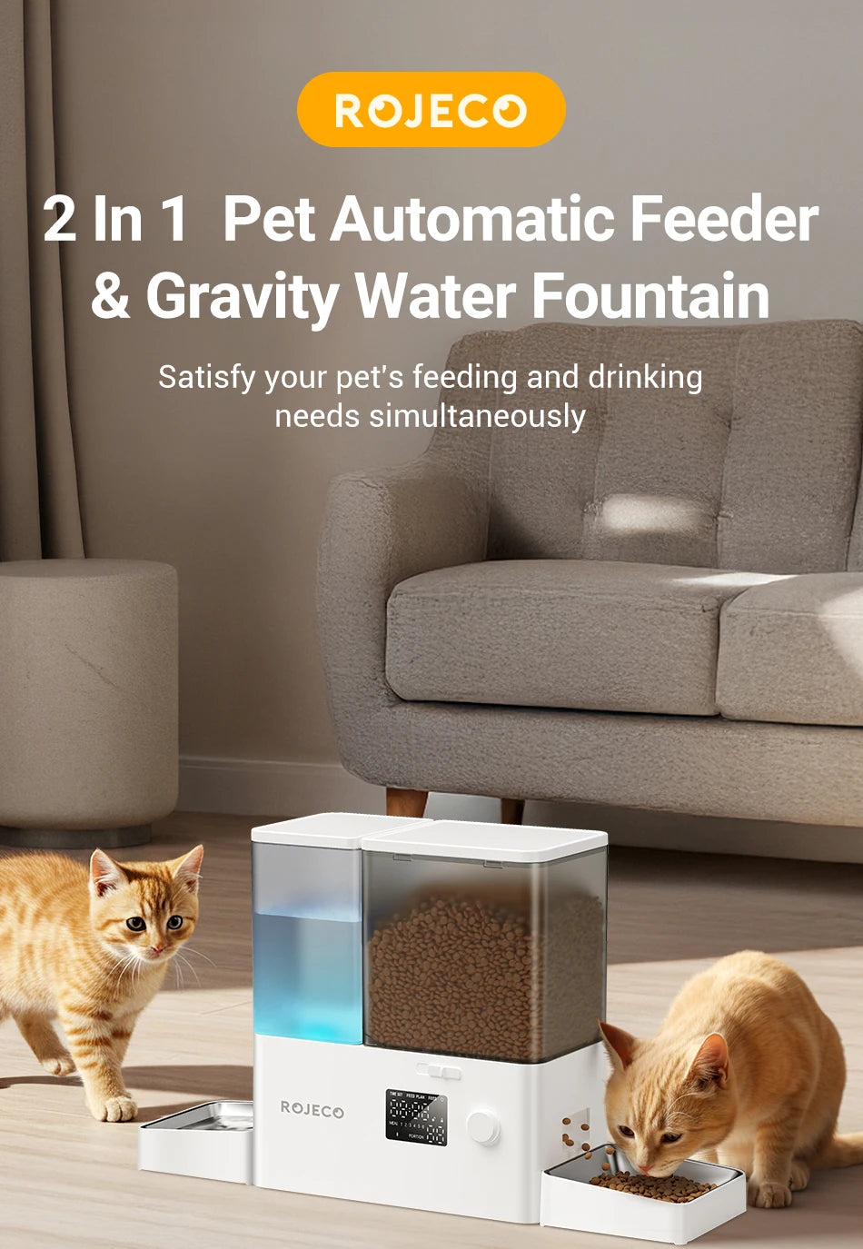 Comedero y fuente de agua para mascotas de dos en uno, junto a dos gatos.