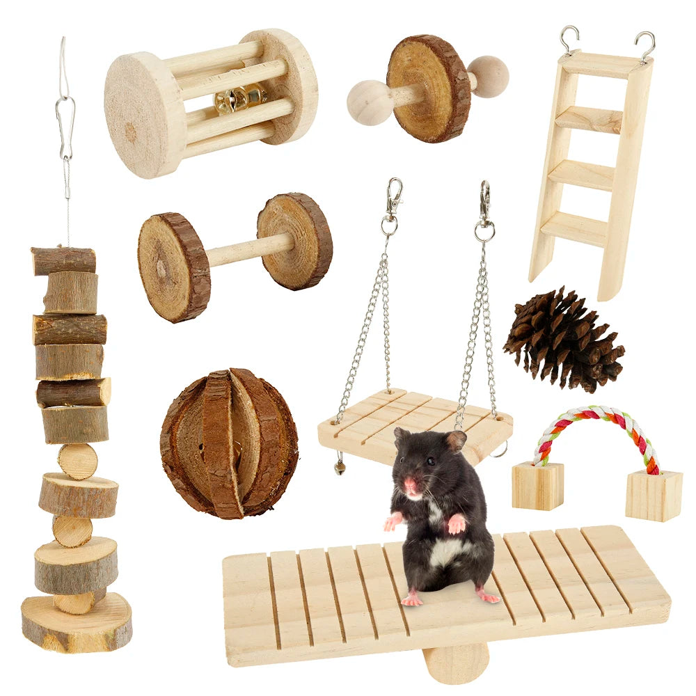 Natural Wood Chewing Toy Set for Small Pets