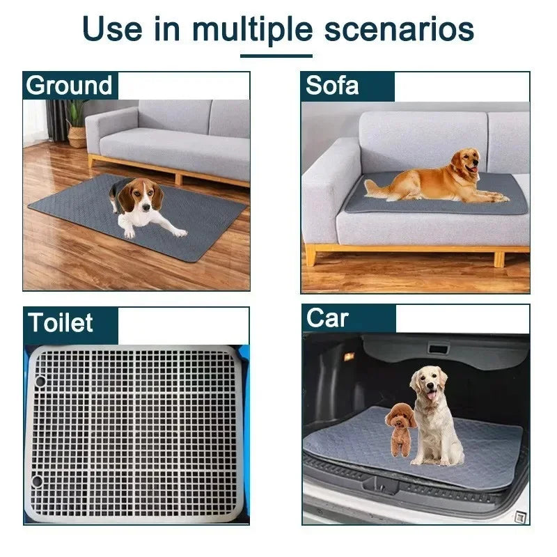 Tapete desechable para pañales de mascotas mostrado en varios escenarios: en el suelo, en un sofá y en un coche.