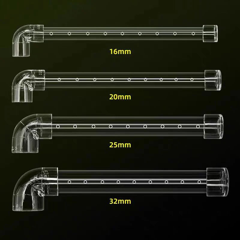 A series of transparent acrylic aquarium spray bars with varying lengths labeled 16mm, 20mm, 25mm, and 32mm.