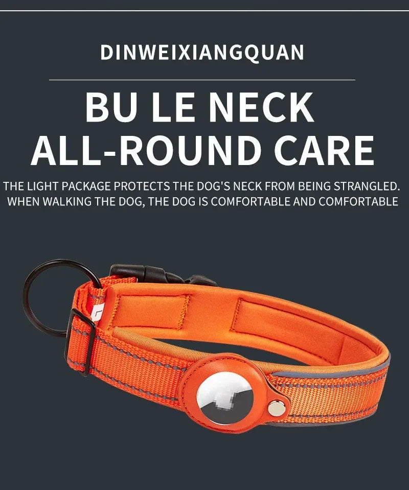 An orange reflective dog collar with a clear dome and adjustable strap is shown against a dark background.