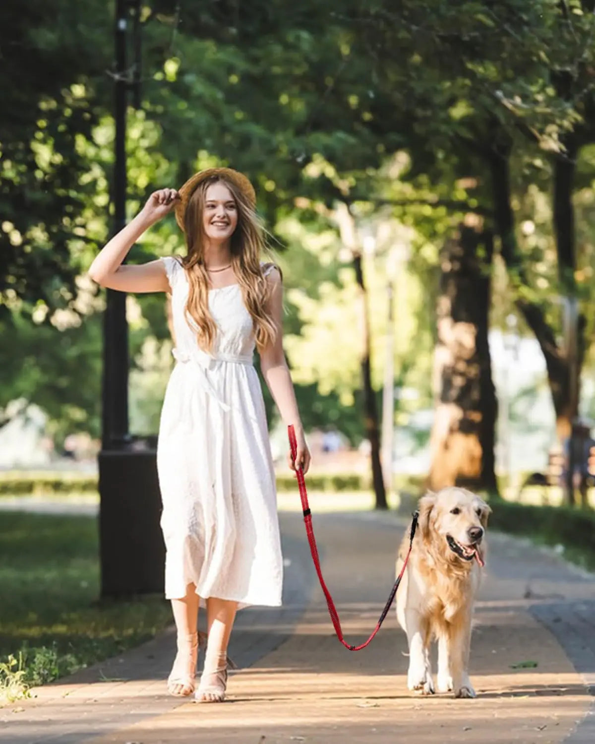 A woman in a white dress is walking a golden retriever on a red bungee dog leash in a park.