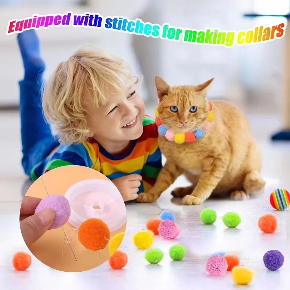 A child is shown making collars using stitches, with a cat and various colorful plush balls on a table.