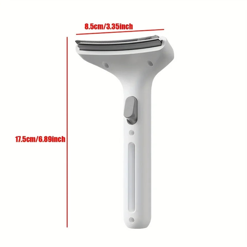 A white pet hair remover brush with a wide arc base shown from the side.