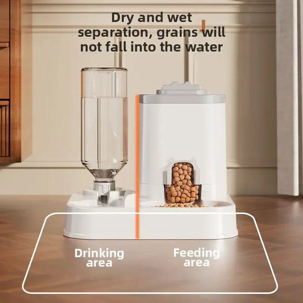 A white automatic pet water and food dispenser showing a separation mechanism for dry and wet grains.