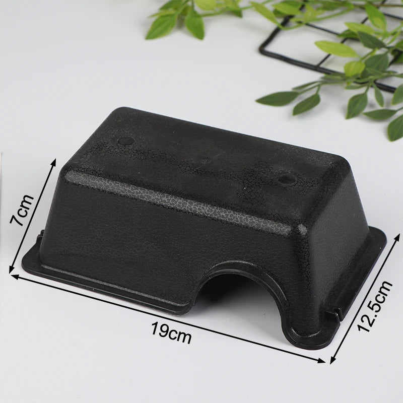 Black reptile hide box enclosure with dimensions 19cm long and 12.5cm wide