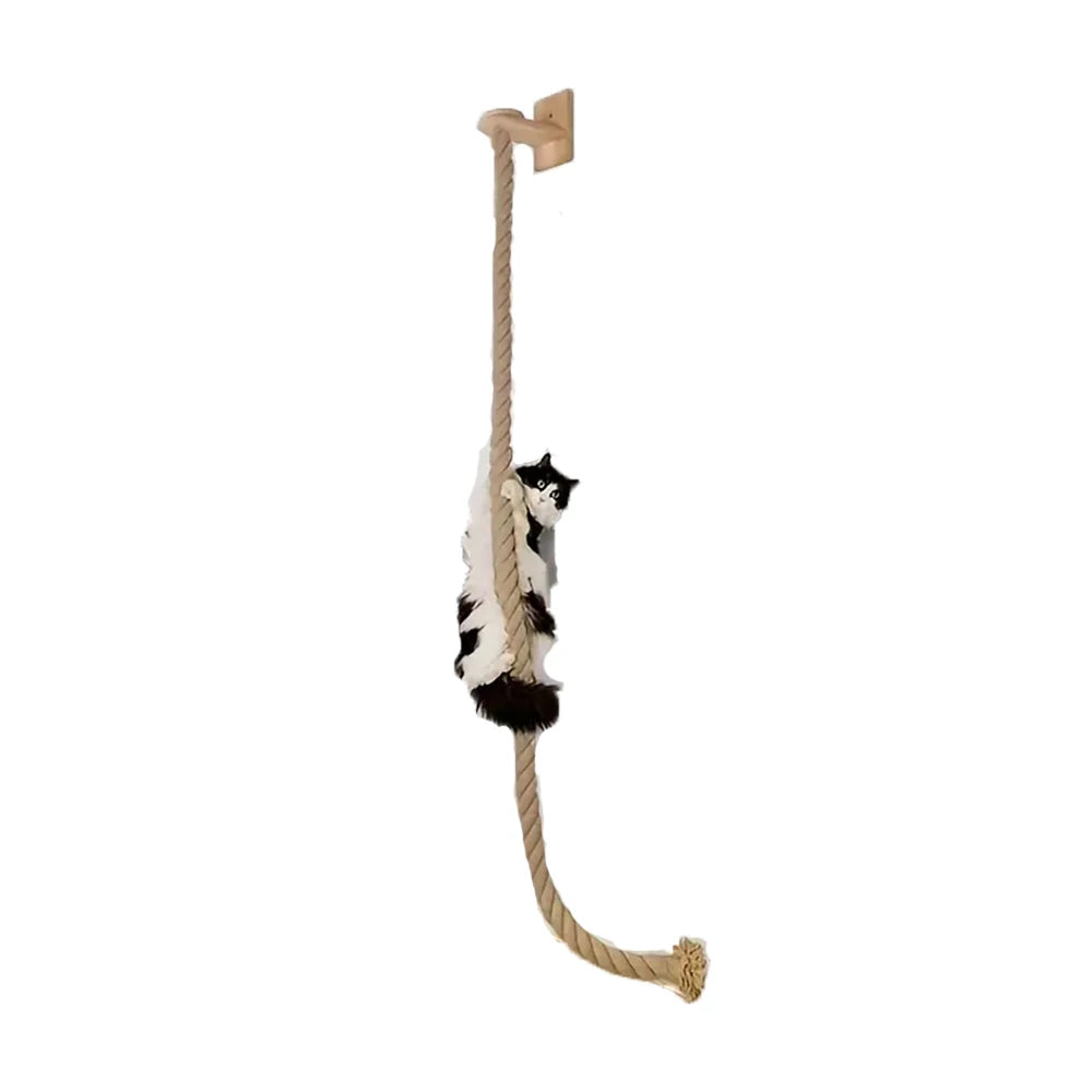 Wall-mounted cat climbing rope with wooden pedals for vertical play
