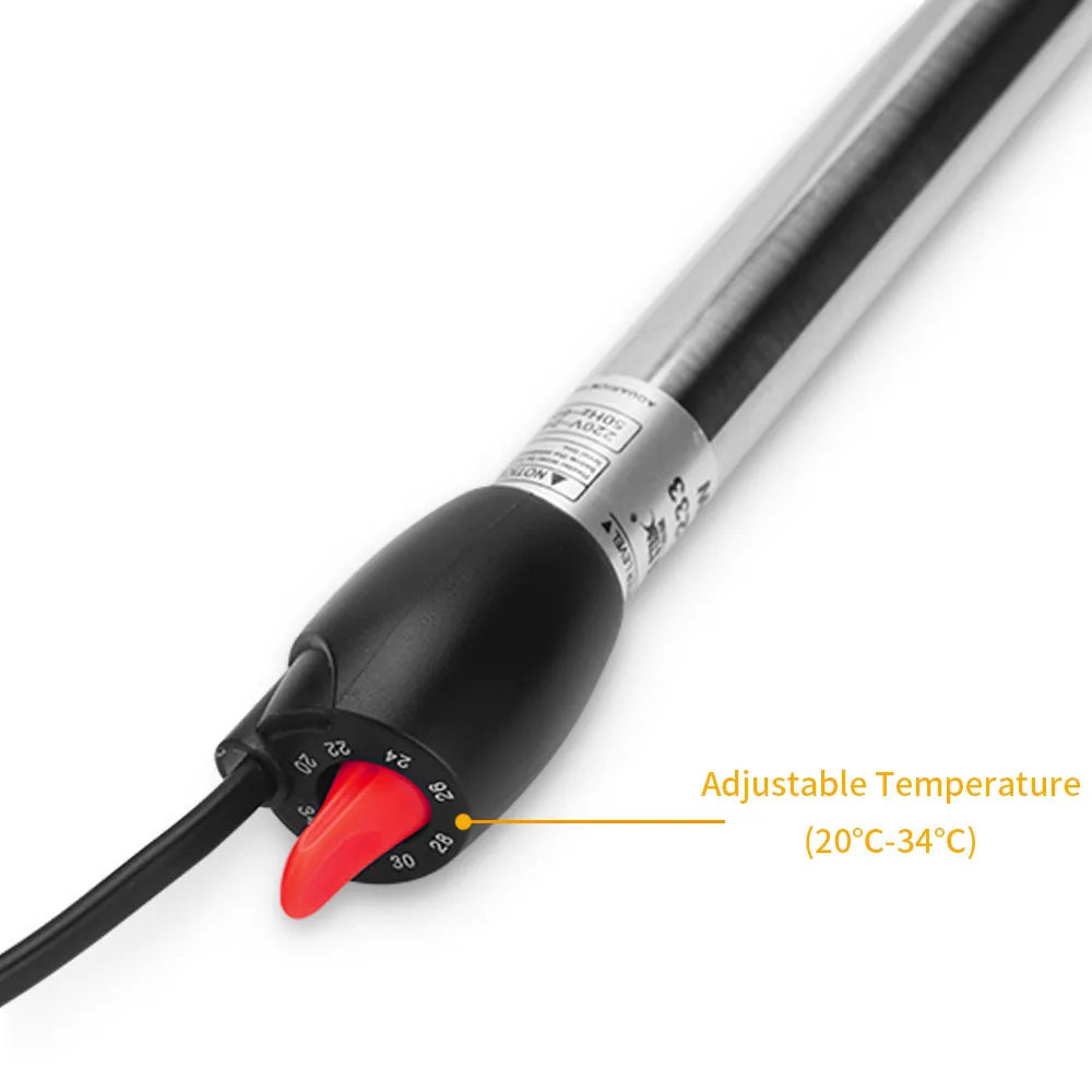 Stainless steel aquarium heater with an adjustable temperature control knob.