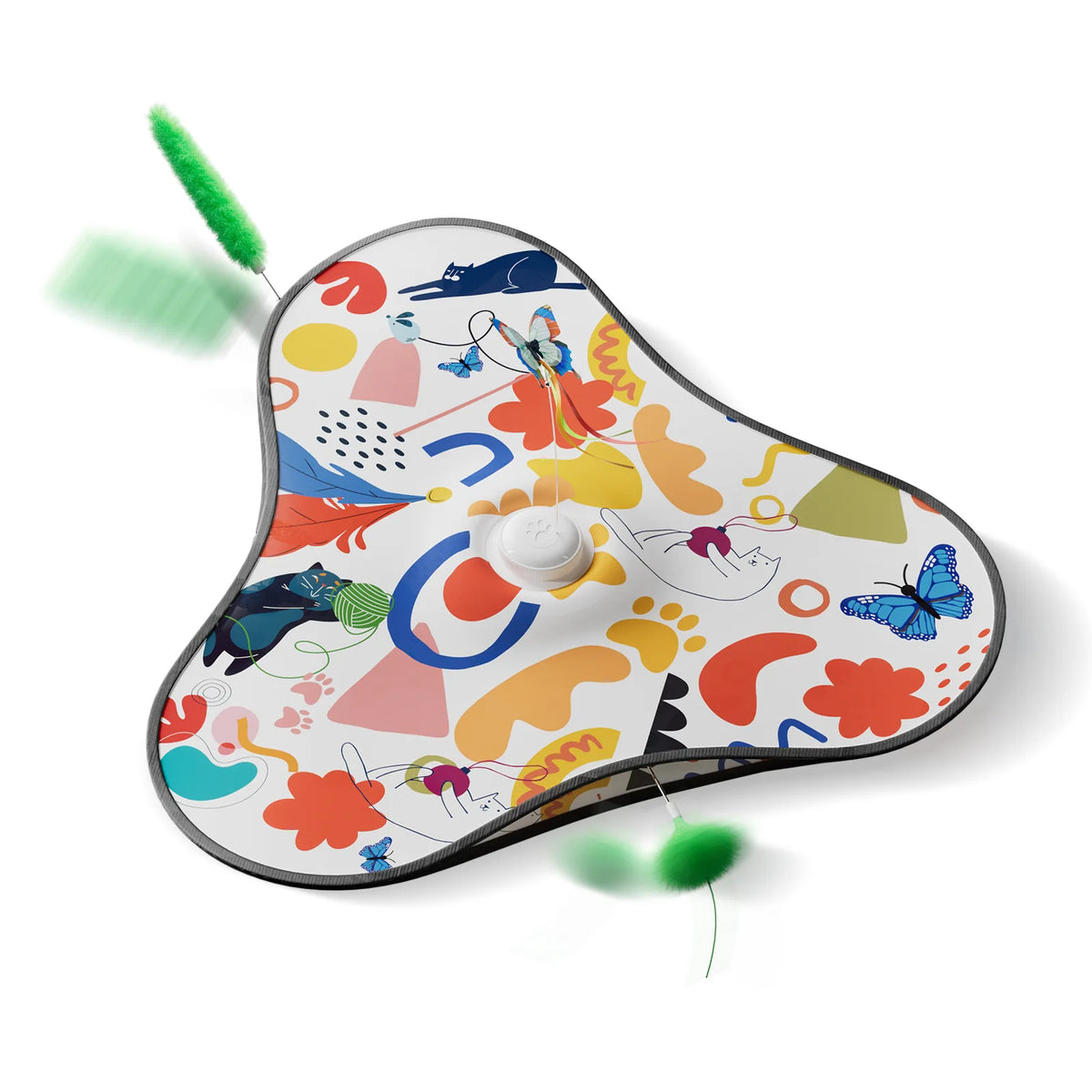 A colorful, flat silicone toy featuring various shapes and animals with attached motion-activated feathers.