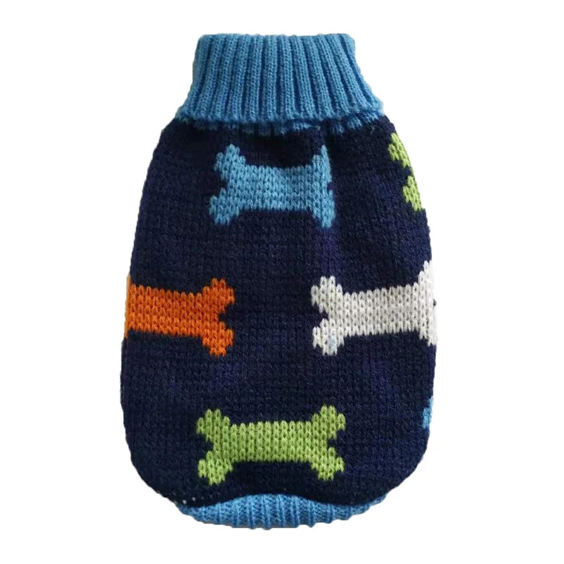 Suéter de punto azul marino para mascota con huellas de patas coloridas cosidas en la parte delantera.
