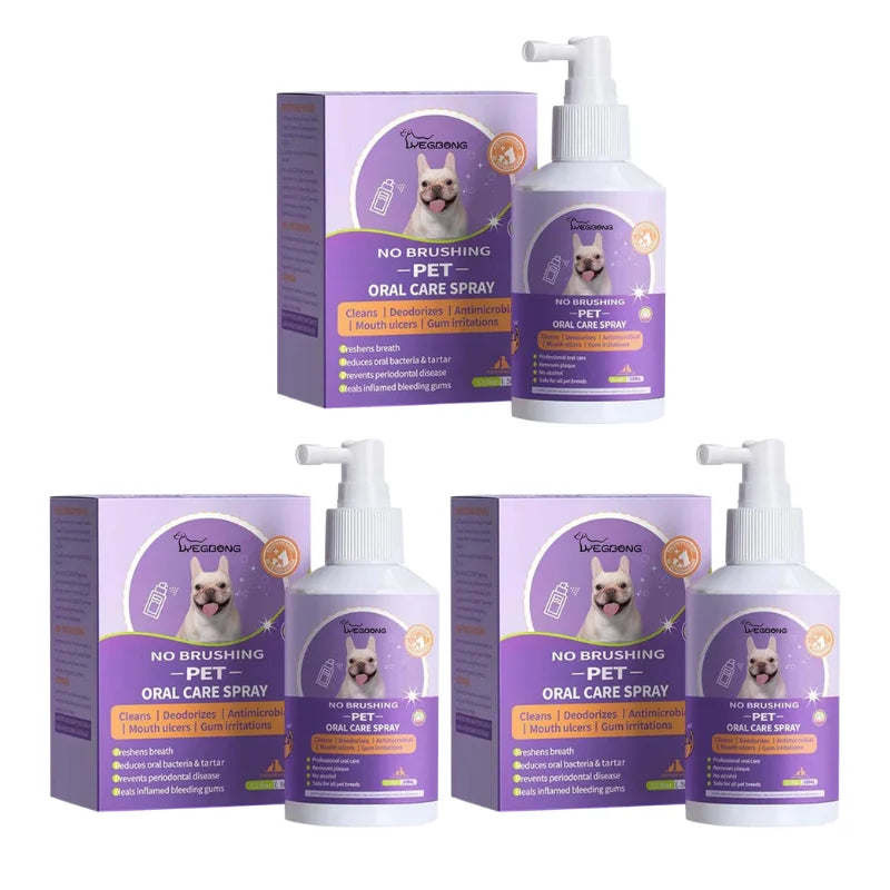 A set of purple and white oral care sprays for pets, including a bottle and boxes, designed to clean and deodorize teeth.