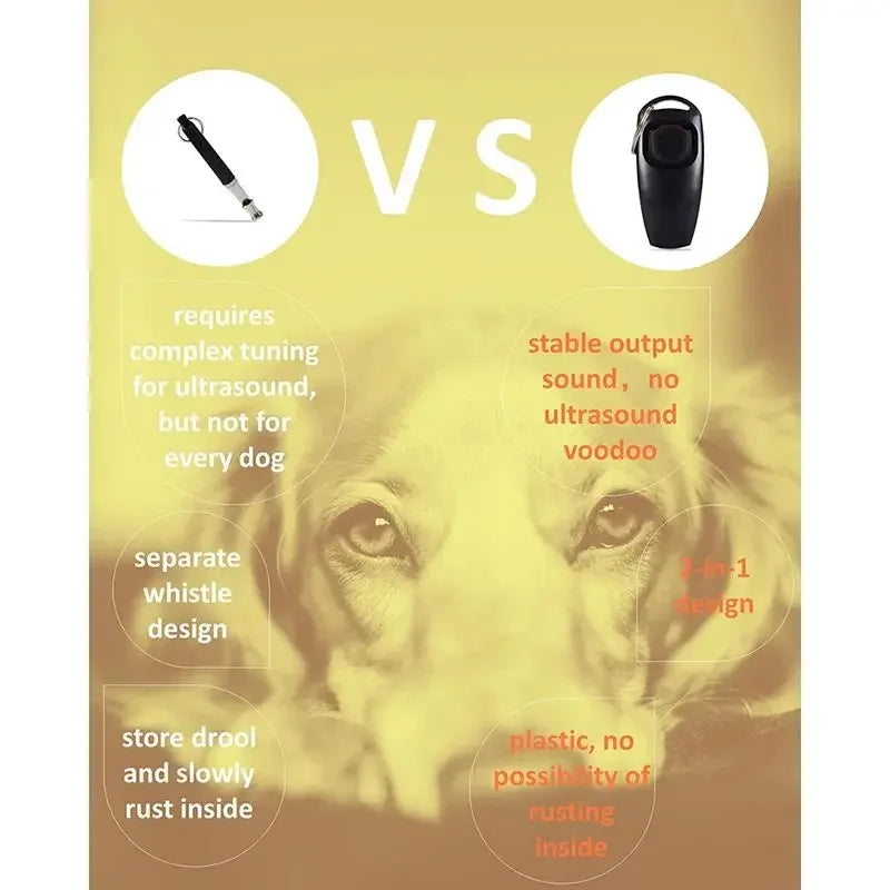 Gráfico de comparación que muestra las características y beneficios de un silbato y clicker para entrenar perros