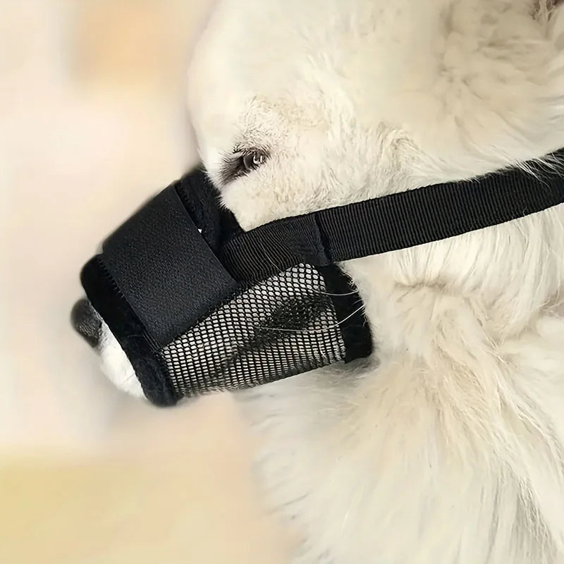 Un hocico ajustable y transpirable negro es usado por un perro blanco y esponjoso.
