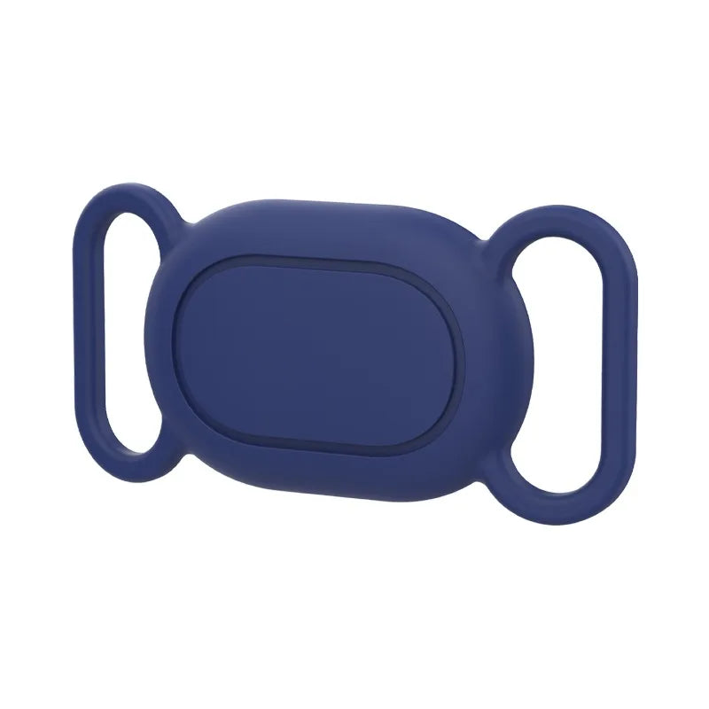 A dark blue silicone protective case for a pet tracker with a collar mount.