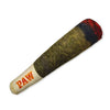 A dark olive green and reddish-brown cigar-shaped plush dog toy with the word PAW printed on the end.
