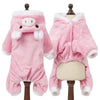 Pink cartoon animal pet costume jumpsuit displayed on a mannequin.
