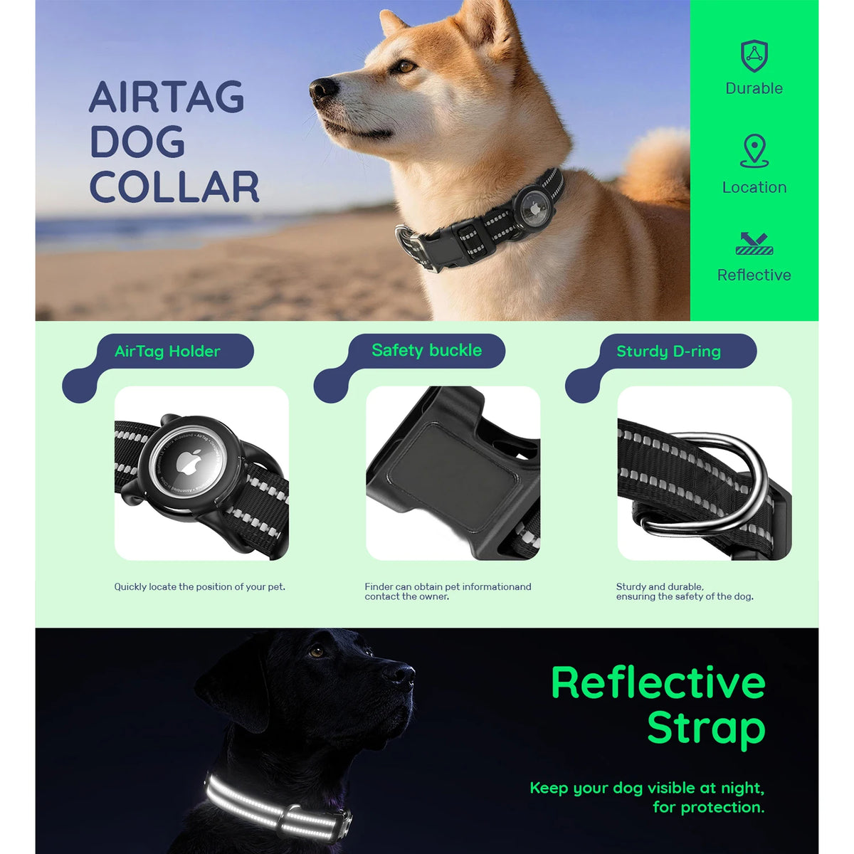 A dog wearing a black Airtag dog collar with reflective strips and safety buckle against a beach background.